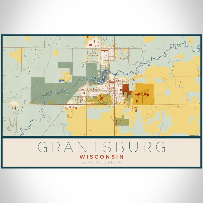 Grantsburg Wisconsin Map Print Landscape Orientation in Woodblock Style With Shaded Background