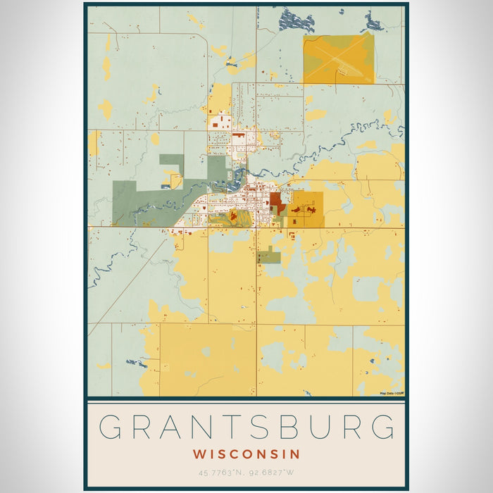 Grantsburg Wisconsin Map Print Portrait Orientation in Woodblock Style With Shaded Background