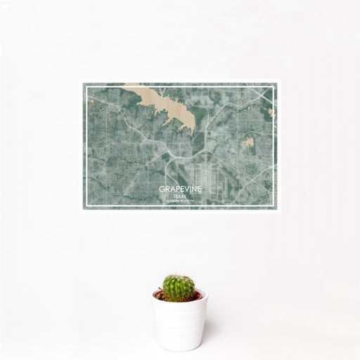 12x18 Grapevine Texas Map Print Landscape Orientation in Afternoon Style With Small Cactus Plant in White Planter