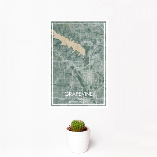 12x18 Grapevine Texas Map Print Portrait Orientation in Afternoon Style With Small Cactus Plant in White Planter