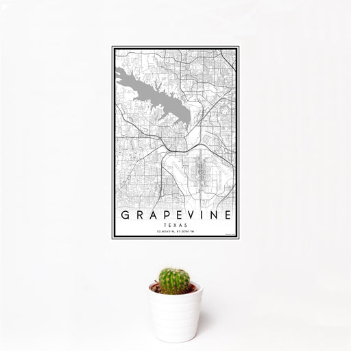 12x18 Grapevine Texas Map Print Portrait Orientation in Classic Style With Small Cactus Plant in White Planter
