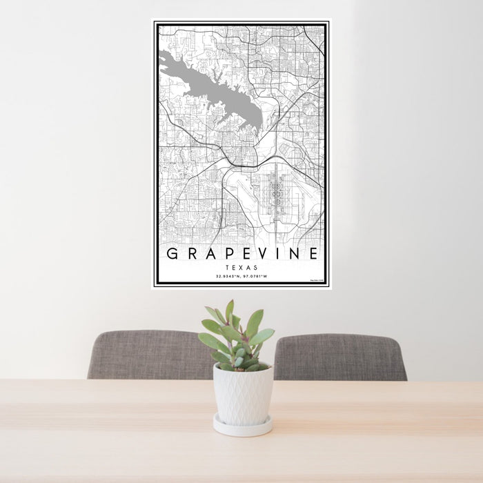 24x36 Grapevine Texas Map Print Portrait Orientation in Classic Style Behind 2 Chairs Table and Potted Plant