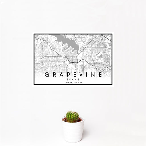 12x18 Grapevine Texas Map Print Landscape Orientation in Classic Style With Small Cactus Plant in White Planter