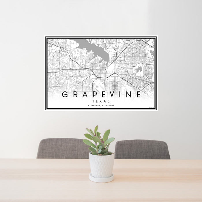 24x36 Grapevine Texas Map Print Landscape Orientation in Classic Style Behind 2 Chairs Table and Potted Plant