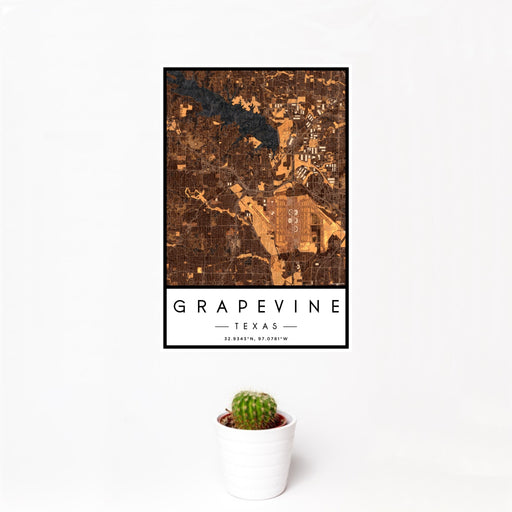 12x18 Grapevine Texas Map Print Portrait Orientation in Ember Style With Small Cactus Plant in White Planter