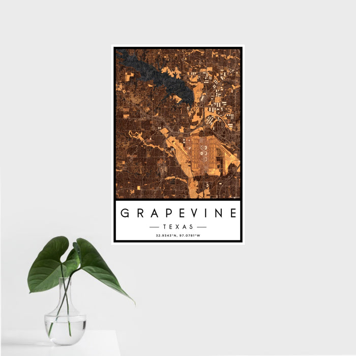 16x24 Grapevine Texas Map Print Portrait Orientation in Ember Style With Tropical Plant Leaves in Water