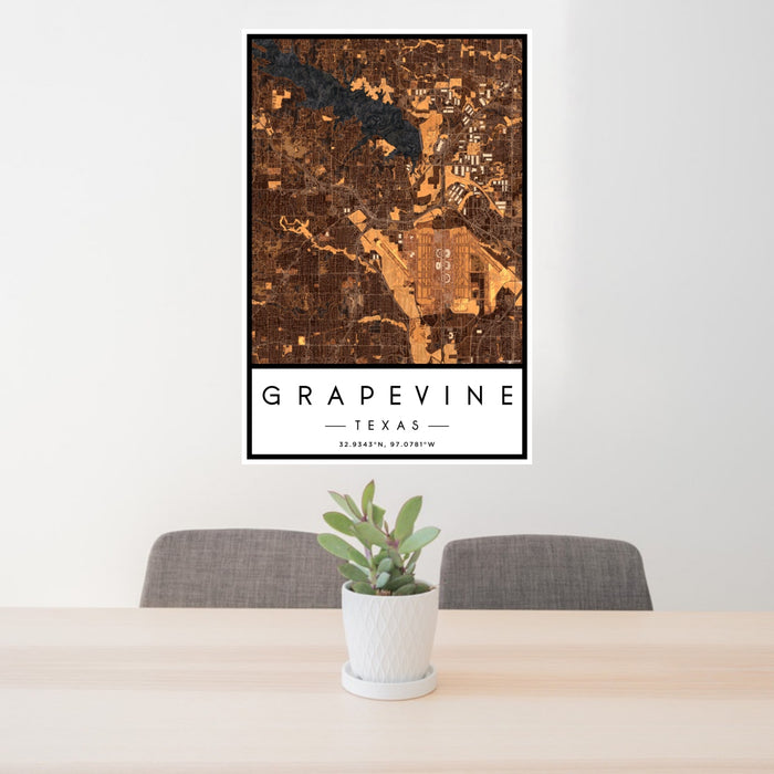 24x36 Grapevine Texas Map Print Portrait Orientation in Ember Style Behind 2 Chairs Table and Potted Plant