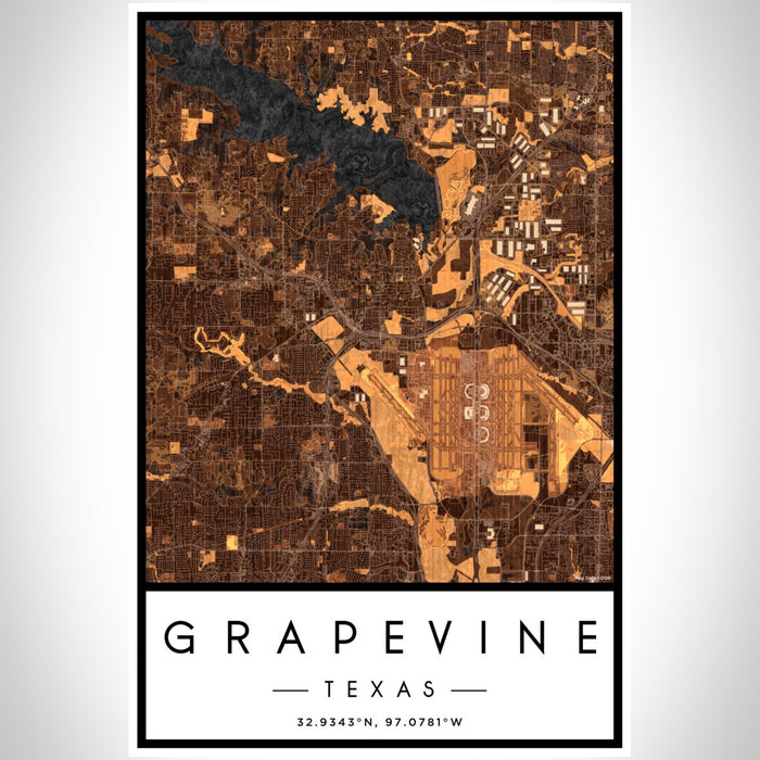 Grapevine Texas Map Print Portrait Orientation in Ember Style With Shaded Background