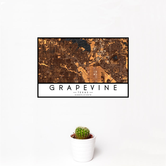 12x18 Grapevine Texas Map Print Landscape Orientation in Ember Style With Small Cactus Plant in White Planter
