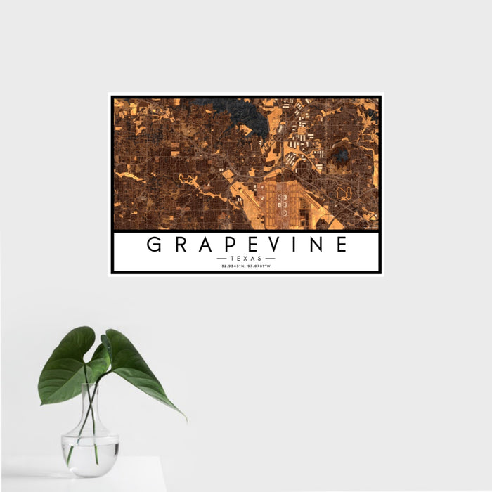 16x24 Grapevine Texas Map Print Landscape Orientation in Ember Style With Tropical Plant Leaves in Water