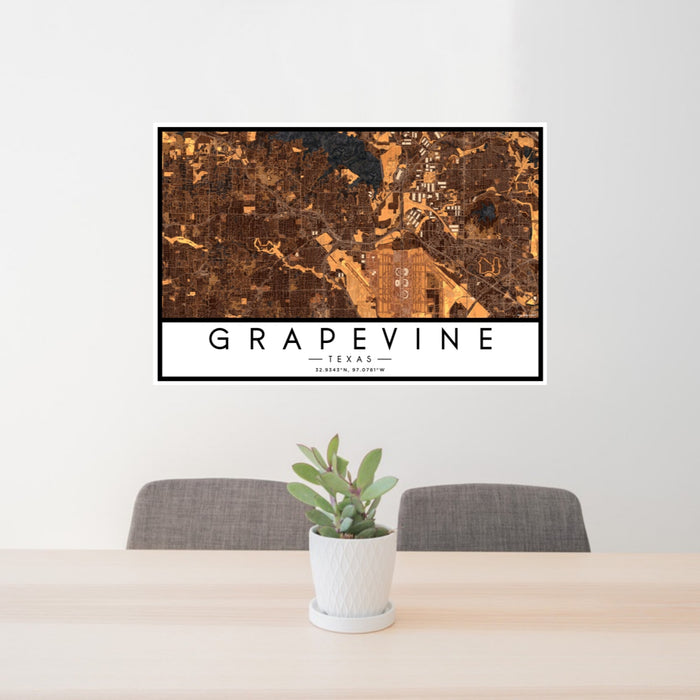24x36 Grapevine Texas Map Print Landscape Orientation in Ember Style Behind 2 Chairs Table and Potted Plant