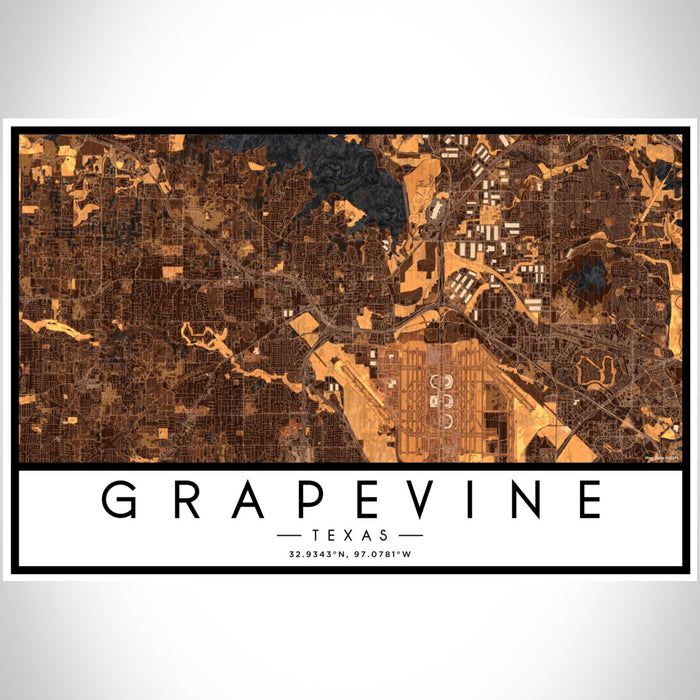 Grapevine Texas Map Print Landscape Orientation in Ember Style With Shaded Background