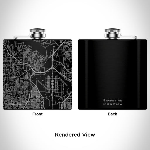 Rendered View of Grapevine Texas Map Engraving on 6oz Stainless Steel Flask in Black