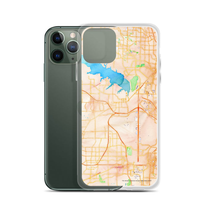 Custom Grapevine Texas Map Phone Case in Watercolor on Table with Laptop and Plant