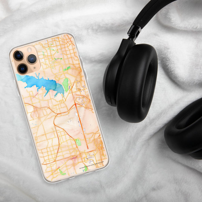 Custom Grapevine Texas Map Phone Case in Watercolor on Table with Black Headphones