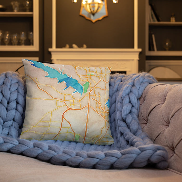 Custom Grapevine Texas Map Throw Pillow in Watercolor on Cream Colored Couch