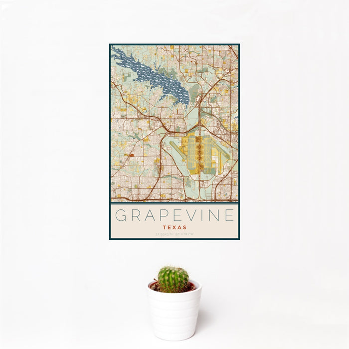 12x18 Grapevine Texas Map Print Portrait Orientation in Woodblock Style With Small Cactus Plant in White Planter