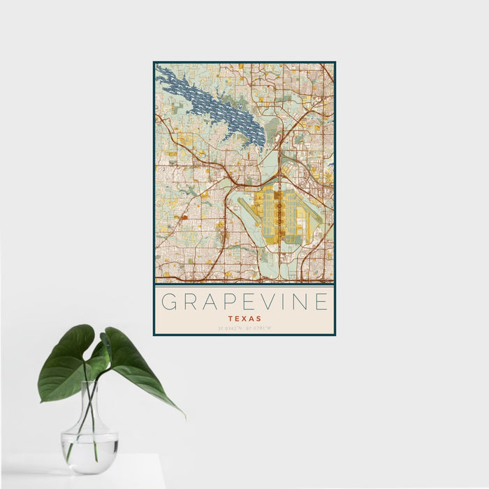16x24 Grapevine Texas Map Print Portrait Orientation in Woodblock Style With Tropical Plant Leaves in Water