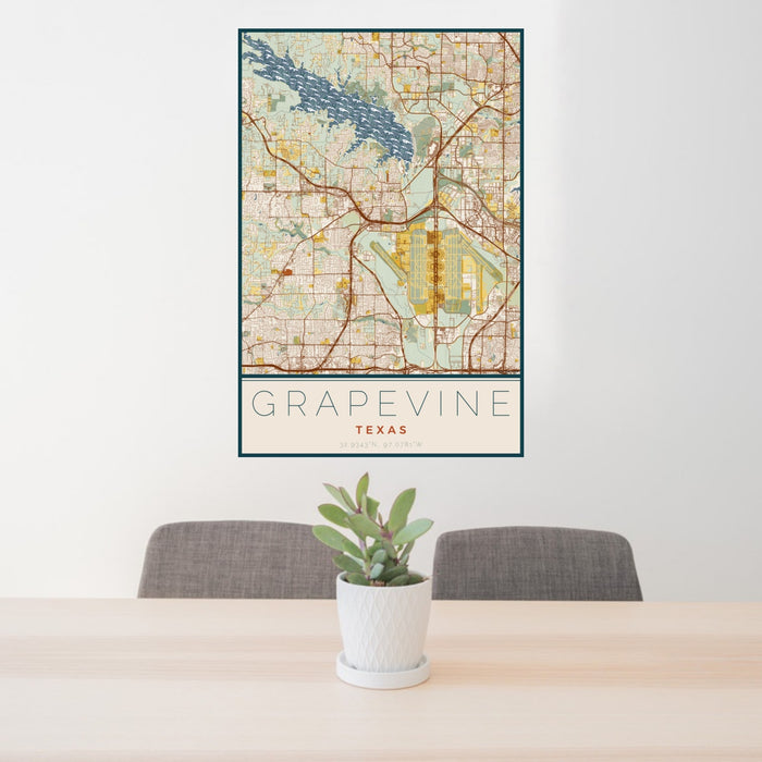 24x36 Grapevine Texas Map Print Portrait Orientation in Woodblock Style Behind 2 Chairs Table and Potted Plant