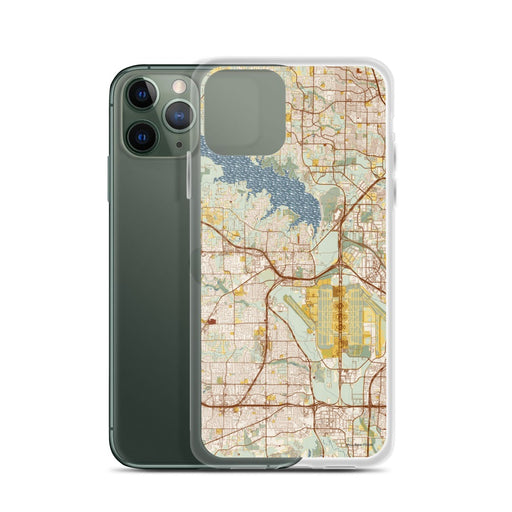 Custom Grapevine Texas Map Phone Case in Woodblock on Table with Laptop and Plant
