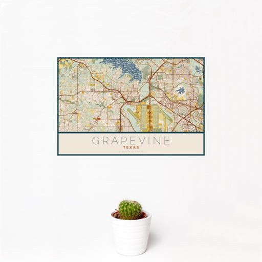 12x18 Grapevine Texas Map Print Landscape Orientation in Woodblock Style With Small Cactus Plant in White Planter