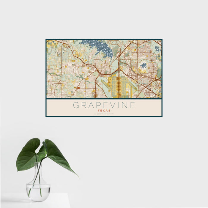 16x24 Grapevine Texas Map Print Landscape Orientation in Woodblock Style With Tropical Plant Leaves in Water