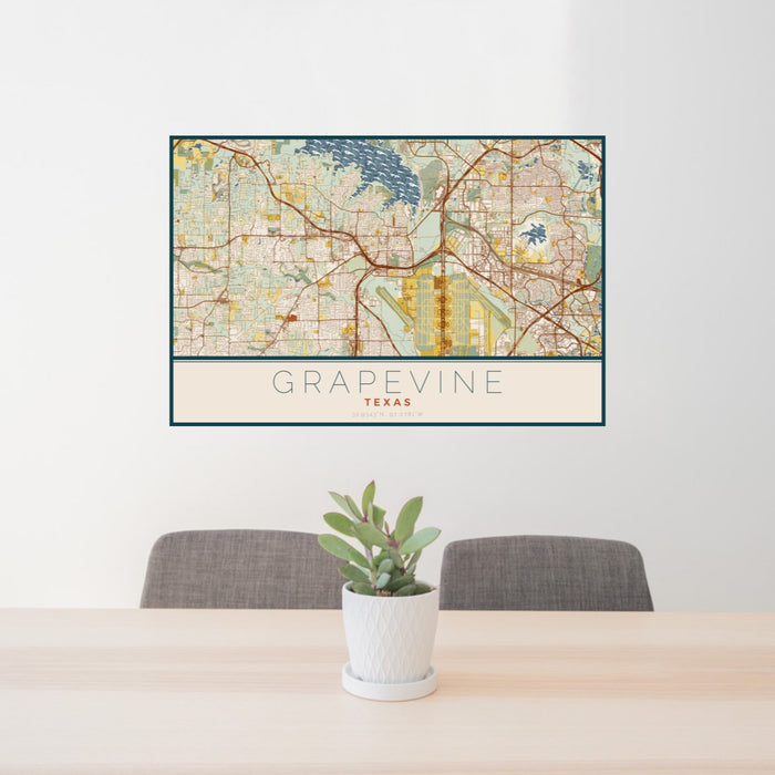 24x36 Grapevine Texas Map Print Landscape Orientation in Woodblock Style Behind 2 Chairs Table and Potted Plant