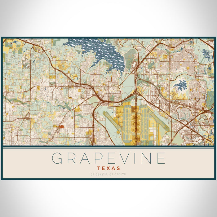 Grapevine Texas Map Print Landscape Orientation in Woodblock Style With Shaded Background