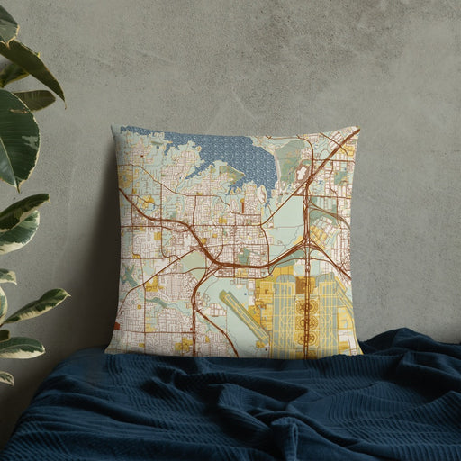 Custom Grapevine Texas Map Throw Pillow in Woodblock on Bedding Against Wall