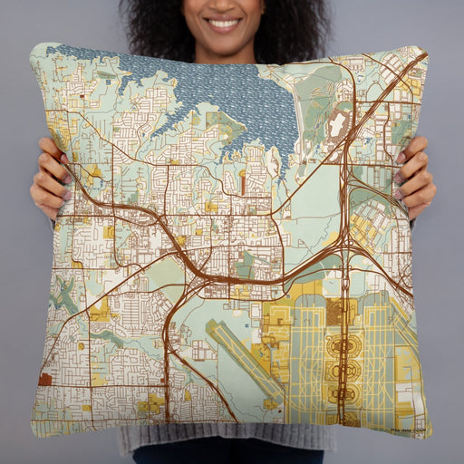 Person holding 22x22 Custom Grapevine Texas Map Throw Pillow in Woodblock