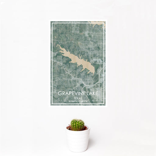 12x18 Grapevine Lake Texas Map Print Portrait Orientation in Afternoon Style With Small Cactus Plant in White Planter