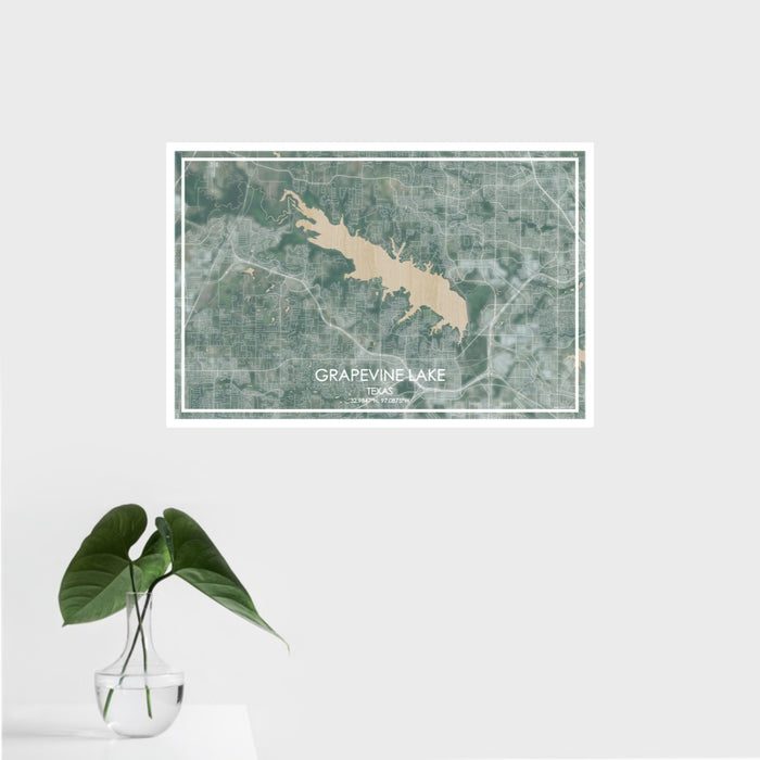16x24 Grapevine Lake Texas Map Print Landscape Orientation in Afternoon Style With Tropical Plant Leaves in Water