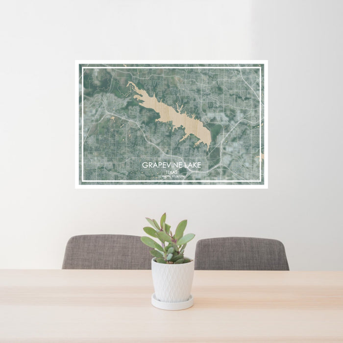 24x36 Grapevine Lake Texas Map Print Lanscape Orientation in Afternoon Style Behind 2 Chairs Table and Potted Plant