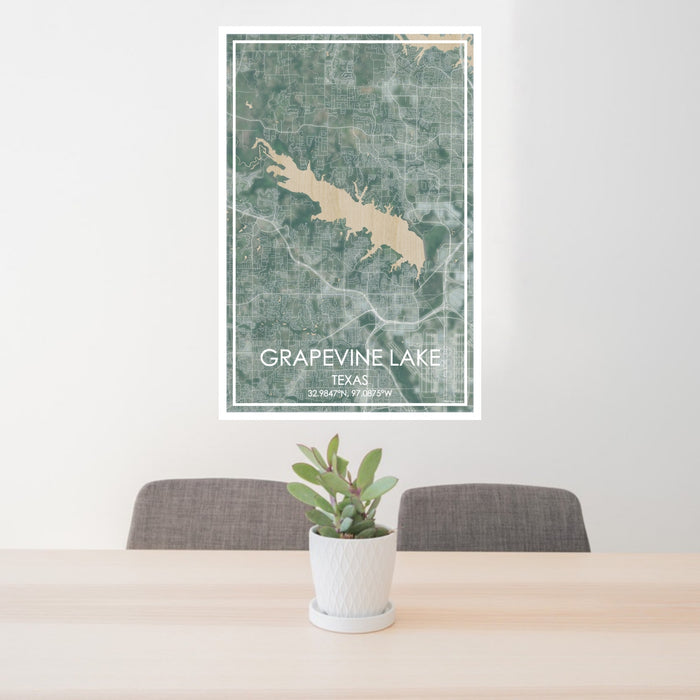 24x36 Grapevine Lake Texas Map Print Portrait Orientation in Afternoon Style Behind 2 Chairs Table and Potted Plant