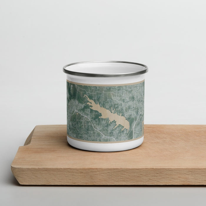 Front View Custom Grapevine Lake Texas Map Enamel Mug in Afternoon on Cutting Board
