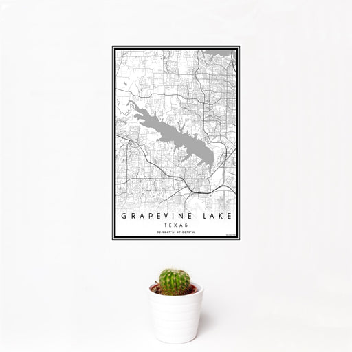 12x18 Grapevine Lake Texas Map Print Portrait Orientation in Classic Style With Small Cactus Plant in White Planter