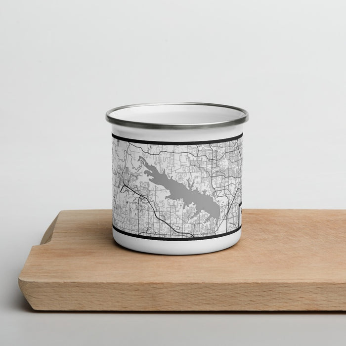 Front View Custom Grapevine Lake Texas Map Enamel Mug in Classic on Cutting Board