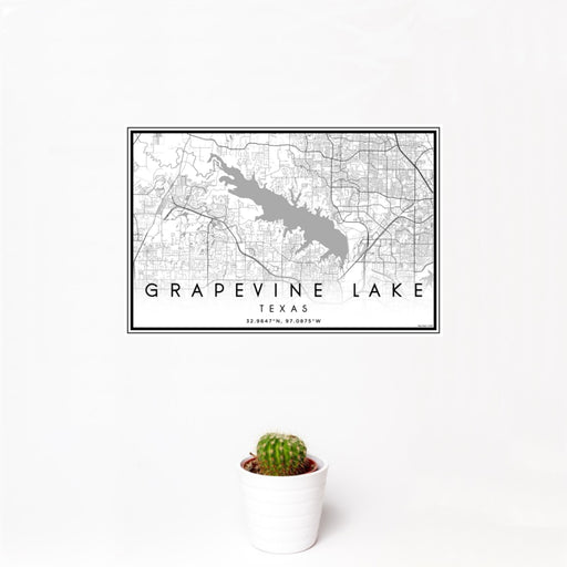 12x18 Grapevine Lake Texas Map Print Landscape Orientation in Classic Style With Small Cactus Plant in White Planter