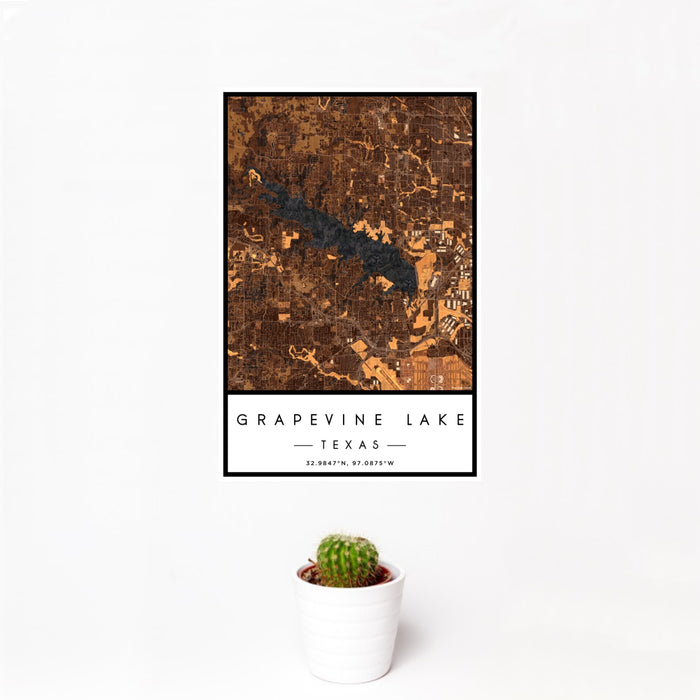 12x18 Grapevine Lake Texas Map Print Portrait Orientation in Ember Style With Small Cactus Plant in White Planter