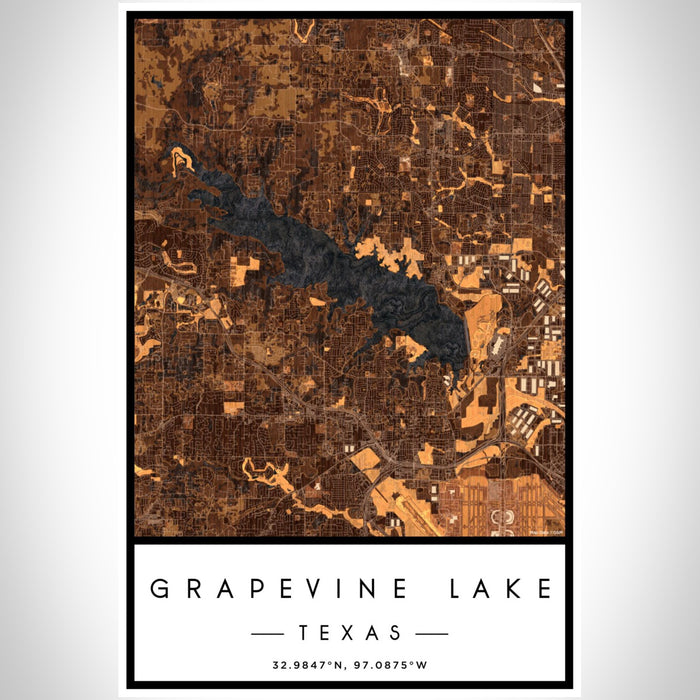 Grapevine Lake Texas Map Print Portrait Orientation in Ember Style With Shaded Background