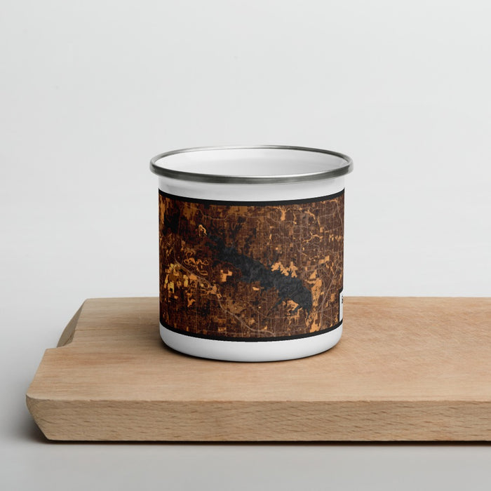 Front View Custom Grapevine Lake Texas Map Enamel Mug in Ember on Cutting Board