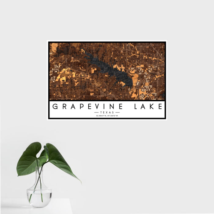 16x24 Grapevine Lake Texas Map Print Landscape Orientation in Ember Style With Tropical Plant Leaves in Water