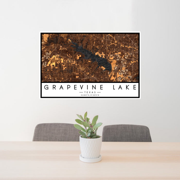 24x36 Grapevine Lake Texas Map Print Landscape Orientation in Ember Style Behind 2 Chairs Table and Potted Plant