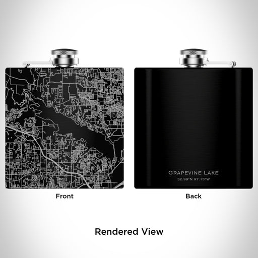 Rendered View of Grapevine Lake Texas Map Engraving on 6oz Stainless Steel Flask in Black