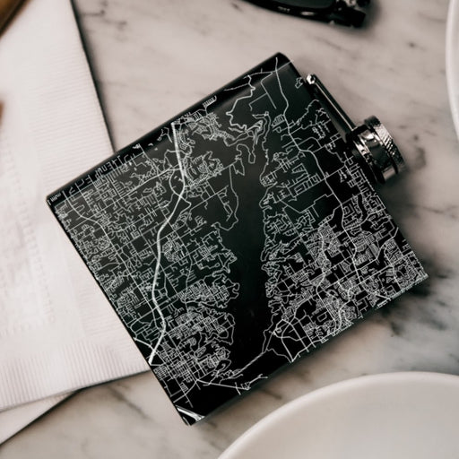 Grapevine Lake Texas Custom Engraved City Map Inscription Coordinates on 6oz Stainless Steel Flask in Black