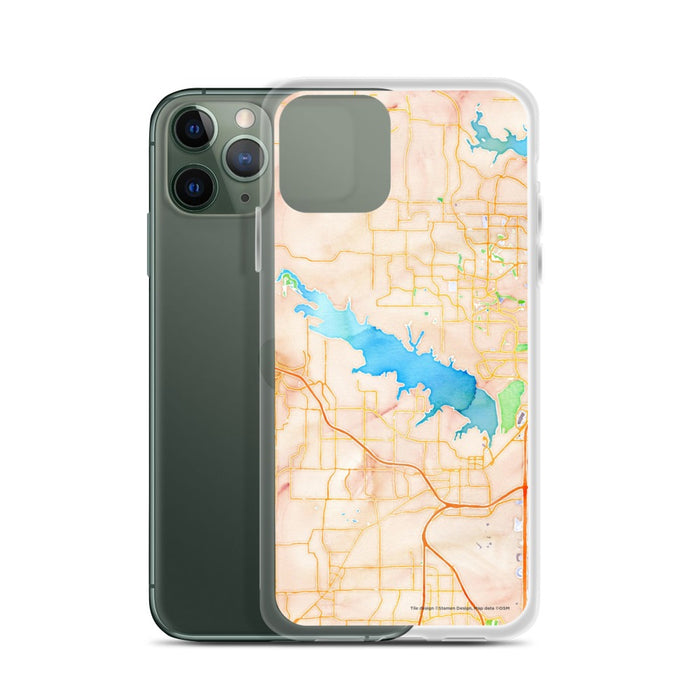Custom Grapevine Lake Texas Map Phone Case in Watercolor on Table with Laptop and Plant