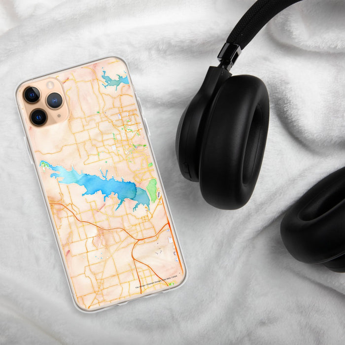 Custom Grapevine Lake Texas Map Phone Case in Watercolor on Table with Black Headphones