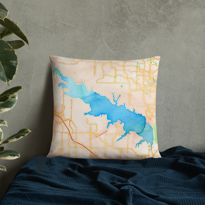 Custom Grapevine Lake Texas Map Throw Pillow in Watercolor on Bedding Against Wall