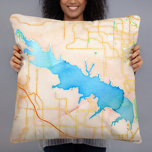 Person holding 22x22 Custom Grapevine Lake Texas Map Throw Pillow in Watercolor
