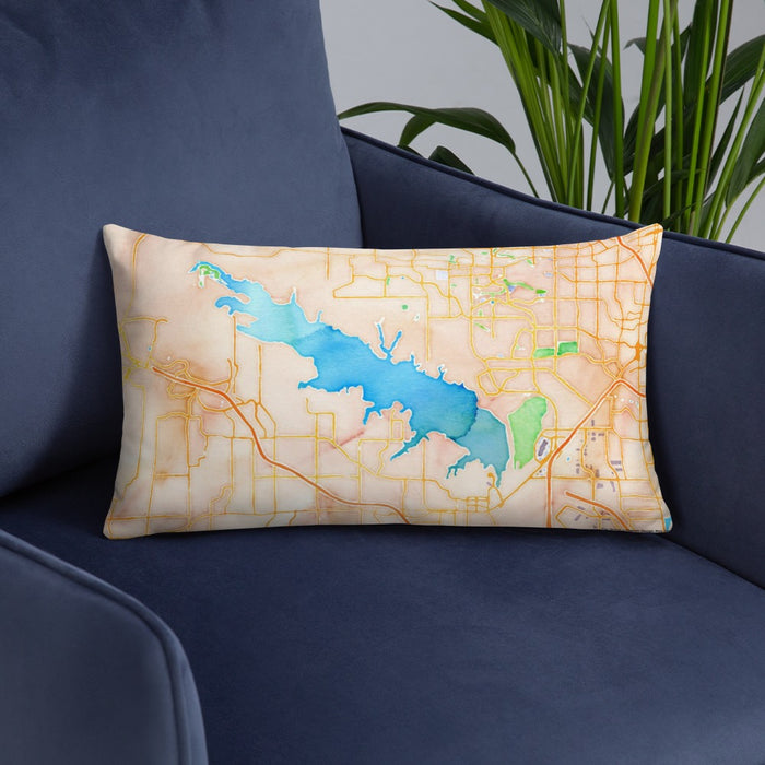 Custom Grapevine Lake Texas Map Throw Pillow in Watercolor on Blue Colored Chair